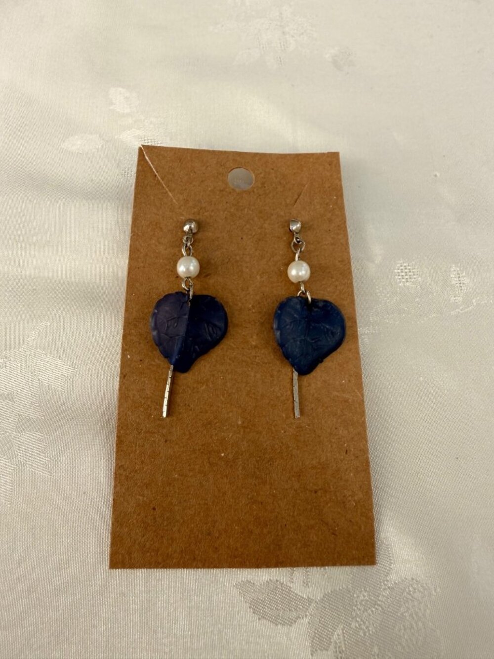 Blue Heart Leaf Pearl Dangle Earrings With Silver Detail